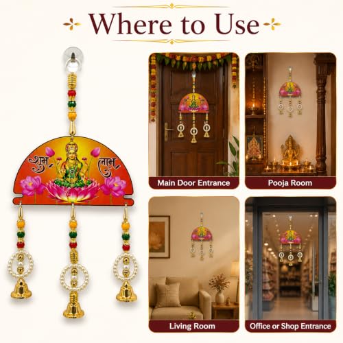Image of Religious Door Hanging Decor with Pearl Beads & Tassel, Wooden Wall Hanging for Home Temple, Pooja Room, Entrance, Mandir Decoration & Spiritual Gift, Goddess Lakshmi Shubh Labh