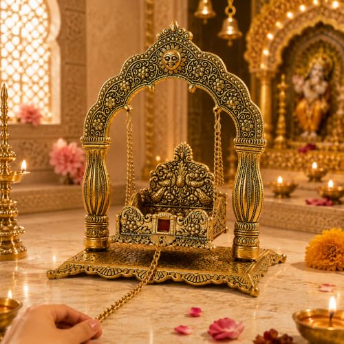 Image of Metal Laddu Gopal Krishna Swing Jhula for Janmashtami Pooja, Decorative Bal Gopal Mandir Swing for Home Temple, Festival Decoration, Pooja Room Decor & Religious Gift