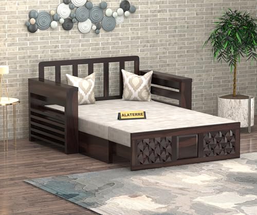 Image of Solid Wood Sofa Cum Bed for Living Room | Modern Wooden Pull-Out Diwan Bed with Cushioned Seating | Convertible 2 Seater Sofa Bed for Home & Guest Room (Walnut Finish)