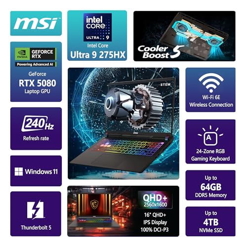 Image of msi Vector 16 HX AI Gaming Laptop | 16 inch QHD+ IPS 240Hz | Intel Core Ultra 9 275HX | 64GB DDR5 4TB SSD | GeForce RTX 5080 (Up to 1334 AI Tops) | RGB Backlit Thunderbolt 5 Win11 Pro w /DLCA Accessory