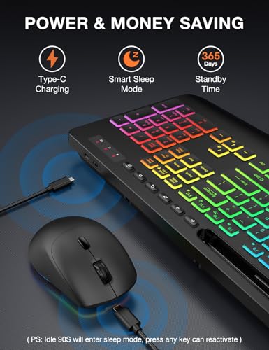 Image of Wireless Keyboard and Mouse Combo - 9 Backlit Effects, RGB, Ergo Wrist Rest, Phone Holder, 2.4G Full Size, Rechargeable, Sleep Mode, KM22 MAX Quiet Set for Computer, PC, Laptop, Mac, Windows- SABLUTE