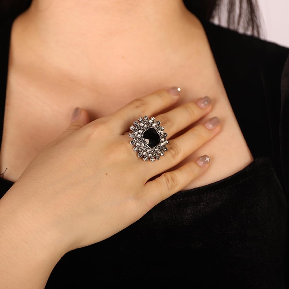 Jumwrit Boho Silver Crystal Women Statement Ring Antique Big Round Open Band Ring Vintage Rhinestone Flower Ring Exaggerated Prom Party Cocktail Accessories for Women - Image 3