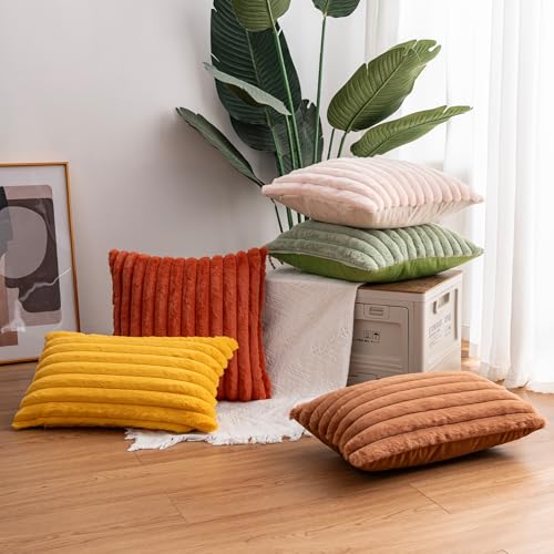 Pack of 2 Faux Fur Christmas Throw Pillow Covers 18x18 Inch, Soft Plush Striped Neutral Couch Pillow Cover, with Velvet Back Modern Home Decor for Sofa Living Room Couch Bed Cream White - Image 6