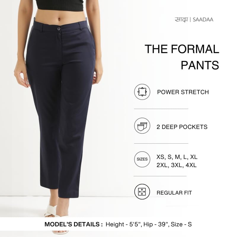 Image of SAADAA Women Pants Formal Straight Fit Cotton Satin Lycra Pant, Regular Fit Trouser for Office Work & Casual wear- Mid Rise, Elasticated Waistband, 4 Deep Pockets