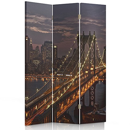Feeby Paravent New York Manhattan Panorama 3 Panneaux 110x150 cm Seule Côté Cloison de séparation Écran Pliant Paravent Interieur Décoratif Chambre d'enfant Salon Bureau Brooklyn Bridge Brun Orange