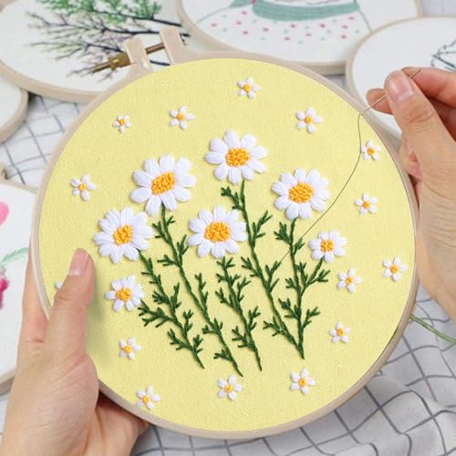 Image of Louise Maelys Daisy Flower Beginners Embroidery Kits,Cross Stitch Kit for Adults,DIY Needlepoint with Floral Pattern,Including Hoop,Threads and Instruction