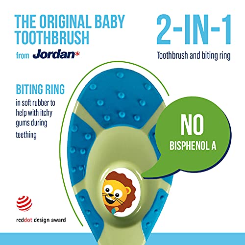 Jordan 6220100 Baby Zahnbürste Step 1 mit Beißring, 0-2 Jahre, extra soft (Farbe zufällig, 1 Stück)