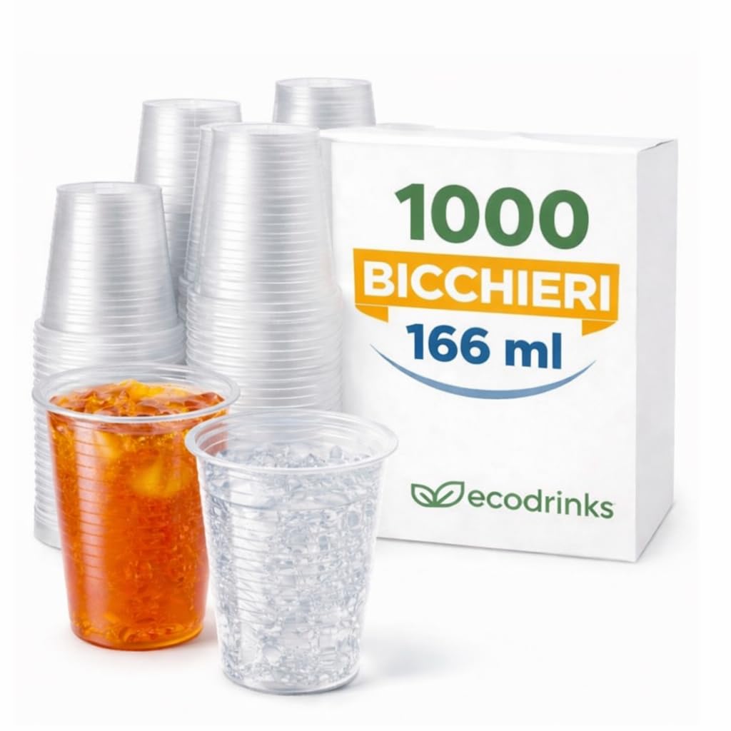 1000 Bicchieri Trasparenti 166 ml RICICLABILI - Extra Resistenti, a Prova di Perdite - Per Bevande Calde e Tiepide, Acqua, Cocktail, Bibite - Ideali per Eventi, Feste, Catering e Ufficio