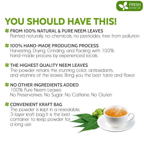 Image of FreshDrinkUS, Premium 20oz Neem Leaf Powder, 100% Natural and Pure from Neem Leaves Dried, for Hair and Skin, No Additives, No Gluten, No Sugar, Vegan