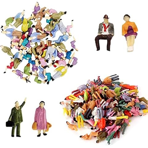VICDUEKG 60 Stück Mini Modelleisenbahn Figuren Bemalte Sitzende und Stehende Personen Verschiedene Posen Miniaturleute Spur H0 Figuren 1:87 Cover
