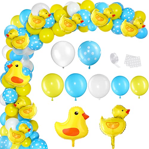 HyDren 113 Pcs Yellow Duck Balloon Arch Garland Kit 12 10 5 Inch Blue Yellow White Latex Balloons Mini Foil Balloons for Baby Shower Decorations rubber duck Themed Birthday Party Supplies