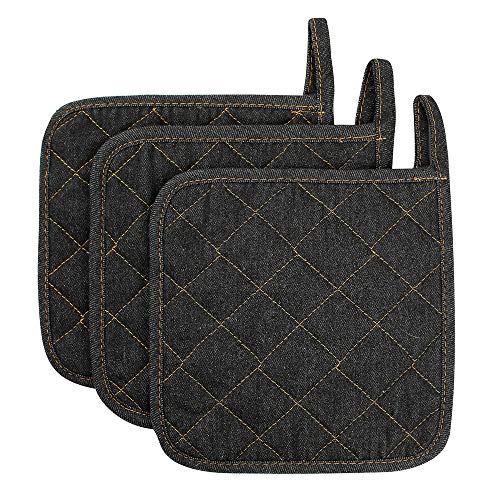 Lifaith 100 Cotton Potholders Kitchen Everyday Basic Terry Pot Holder Heat Resistant Large Coaster Hot Pads Kit Trivets Set for Cooking and Baking Set of 3 Black