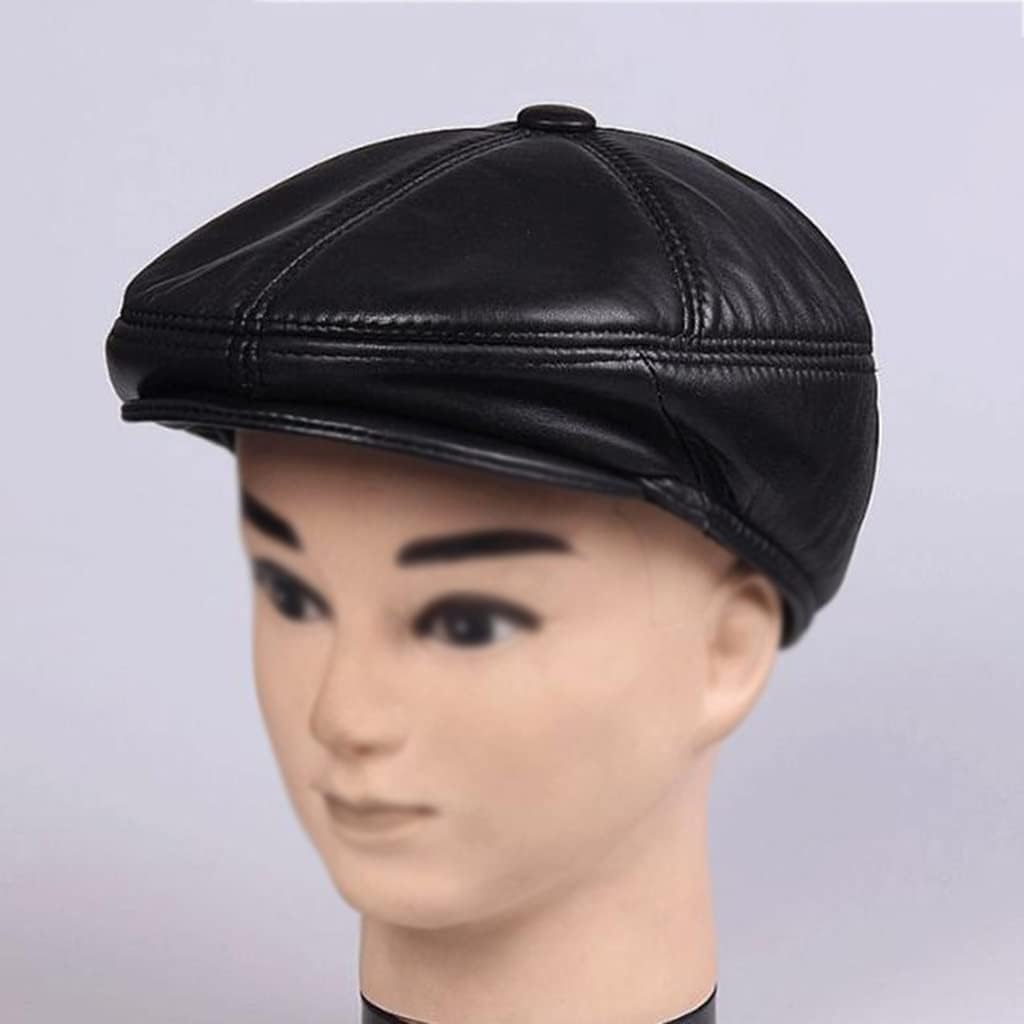 Leather Beret Men's Black Casual Duckbill Hat Retro Winter Warm Flat Top