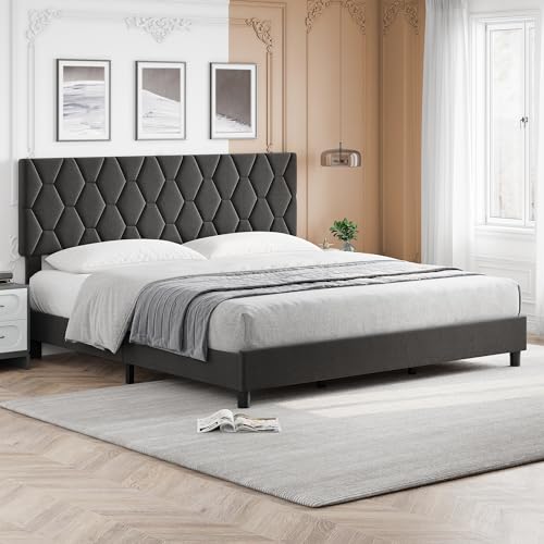 GAOMON Grey King Upholstered Bed Frame with Headboard, Heavy-Duty Platform Bed Frame with Strong Wood Slats, No Box Spring Needed/Easy Assembly/Noise Free