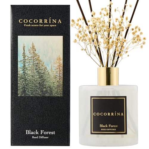 Image of COCORRINA Reed Diffuser - Black Forest 17 Fl.oz Reed Diffuser with 8 Sticks Scented Diffuser with Preserved Flowers for Bathroom Home Decor