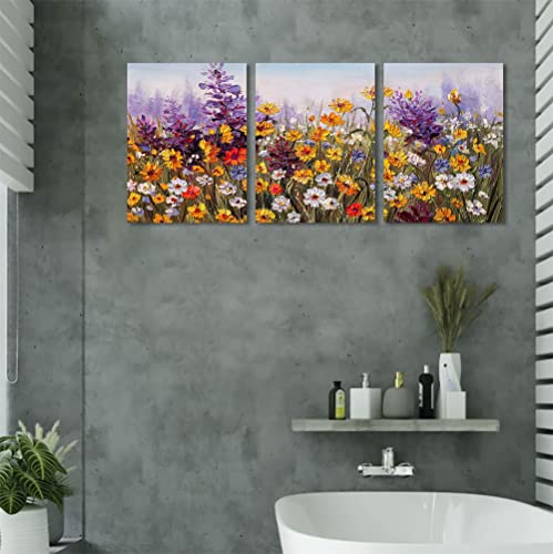 Ardemy Flowers Wall Art Daisy Colorful Bathroom Decor Canvas Bloosom Artwork Painting Modern Landscape, Purple Floral Pictures Framed For Living Room Bedroom Kitchen Office Home Decor 12"X16"X3 Panels #TOP4