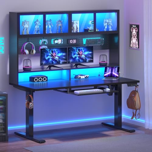 SEDETA Electric Standing Desk with Storage, Gaming Desk with Hutch and Pegboard, Sit Stand Up Desk with Led Lights, Power Outlet, Monitor Shelf, Keyboard Tray for Home Office, Black