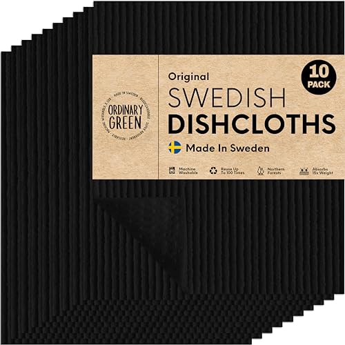 Ordinary Green Paños de cocina suecos para cocina, color negro, paquete de 10 toallas de papel lavables y reutilizables, de celulosa y algodón, esponjas para platos, 100% fabricados en Suecia,