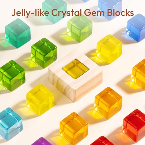 Image of Woodtoe 47 PCS Rainbow Blocks Set, Wooden Building Blocks for Kids Ages 3-6 | Montessori Stacking Blocks Toys, 25 Gem Blocks, 22 Wooden Blocks, Educational STEM Creative Birthday Toys Gifts for Boy Girl