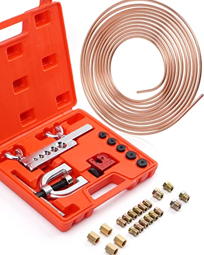 Racewill 25 ft 1/4 Copper Coated Brake Line Kit (Includes 16 Fittings and 4 Unions Brake Line Fittings) + Brake Line Double & Single Flaring Tool Kit