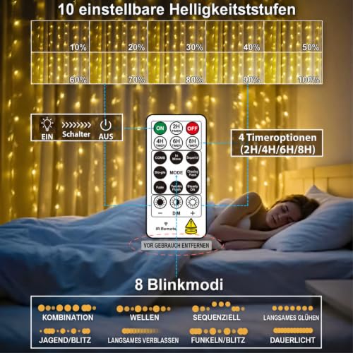 HXWEIYE 300LED Lichtervorhang 3mx3m USB, Fernbedienung, 8 Modi & Timer – Ansicht 4
