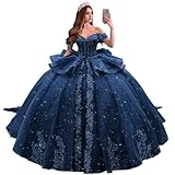 Zhangyo Puffy Quinceanera Dresses Ball Gown Sparkly Lace Ruffle Tulle Birthday Prom Gowns Tiered Off Shoulder Navy Blue for Vestidos de Quinceañera Size 16