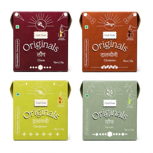 Image of Gud Gum- Natural, Plastic Free Chewing Gum- Clove, Cardamom, Fennel, Cinnamon- 21g x 4 - Mini Pack of 4- No added artificial colours, flavours & sweeteners (4 Packs, 60 chewing gums) (Pack of 4, Multi-Flavour Mini Pack)