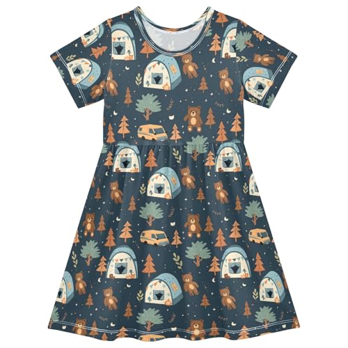 Summer Girl Dresses Cute Camper Bear Toddler Short Sleeve A-line Dress Casual Sundress