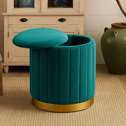 Image of Round Velvet Luxurious Storage Ottoman, Pouf with Storage Vanity Stool Chair,Upholstered Foot Rest Stool with Gold Strip Base for Living Room or Bedroom (Aqua., Large-40Dx40Wx46H)