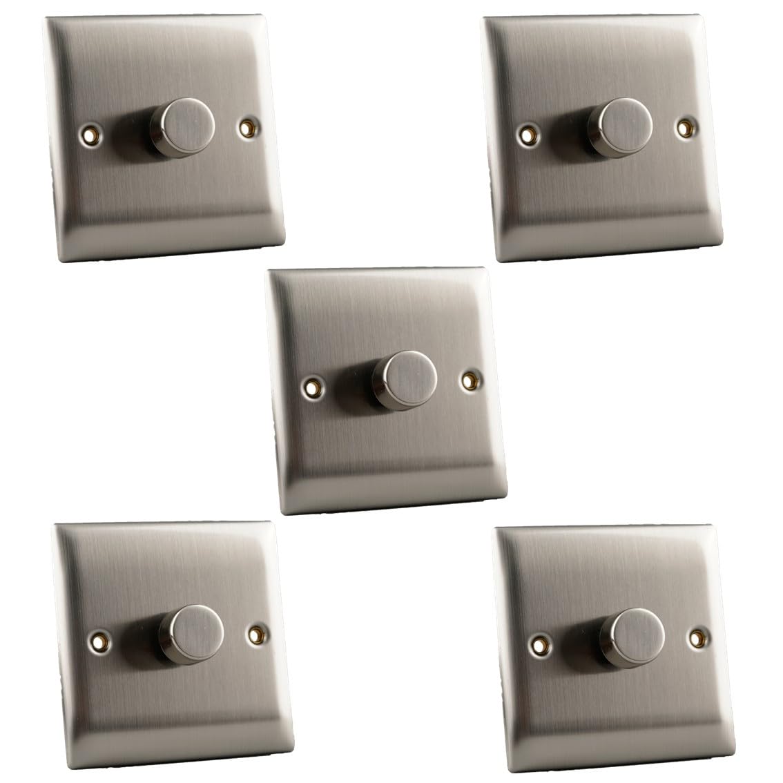 Lot de 5 variateurs d'intensité LED à bord de fuite - Chrome brossé - Bord fin - 2-100 W / halogène 10-250 W - Rotatif ou Push On/Off - Plaque murale en acier inoxydable - Design plat moderne