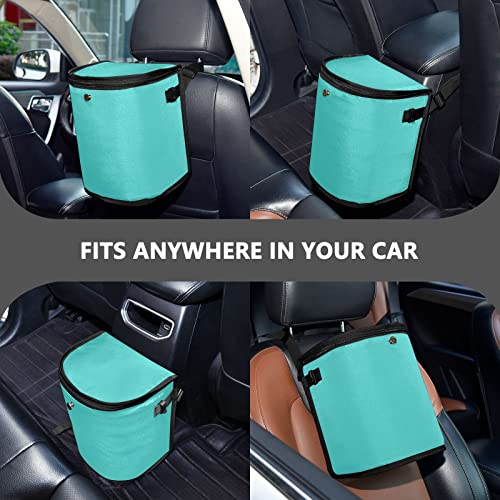Image of linqin Teal Car Trash Can with Lid Leak Proof Car Trash Bag Polyester Car Garbage Can, Multipurpose Trash Bin Hanging for Minivan SUV Truck