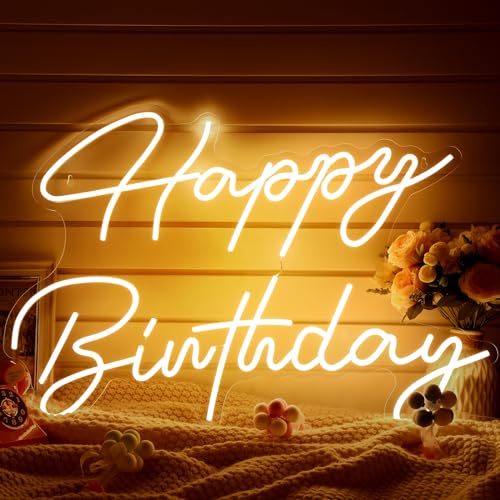 Tujoe 30' x 21' Happy Birthday Neon Sign Large Happy Birthday LED Neon Light Signs with Dimmable Switch 12V Power Adapter for Party Wall Decoration Bar Rave Home Decor Backdrop(Warm White,30' x 21')