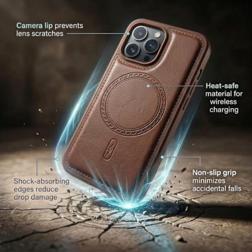 Image of amazon basics Premium PU Leather Case for iPhone 13 Pro, MagSafe Compatible Magnetic Ring, Sleek Protective Back Cover - [Brown]