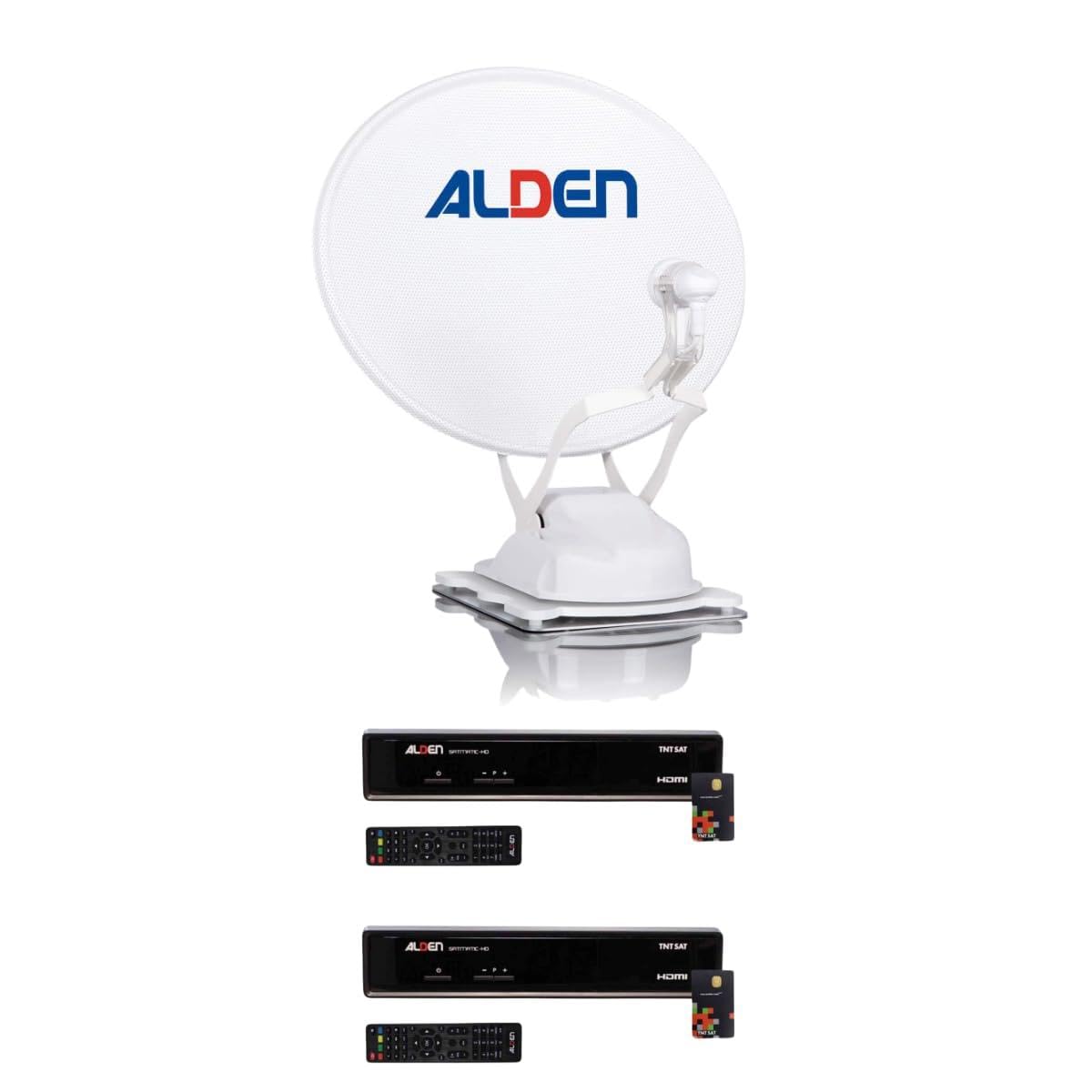 Alden Onelight Evo - Parabola per auto, 60 cm + 2 decodificatori TNTSAT + LNB Twin