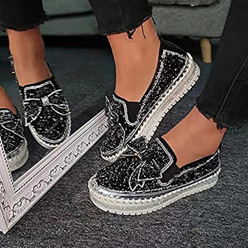 Naisi Women's Rhinestones Glitter Slip On Sneakers Cute Bowknot Platform Walking Loafers Shoes For Girls (Black, Us:6) #TOP4