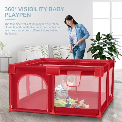 Image of Baby Playpen with Balls - Portable Play Yard with Mesh Panels for Safety & Visibility, Indoor /Outdoor Toddler Activity Fence for Boys & Girls (Red)