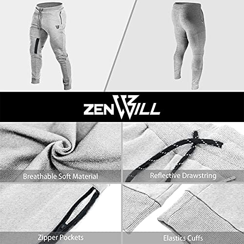 Image of ZENWILL Mens Tapered Workout Running Pants, Jogger Training Sweatpants Slim Fit with Zip Pockets