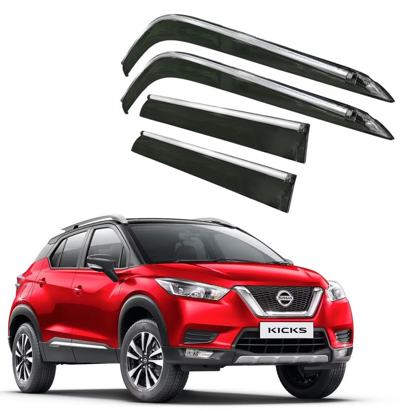 Image of CAR SAAZ Side Door Visors for Kicks (2019-2023)(Set of 4Pcs)|Chrome Lined Rain Guards, Polycarbonate, Smoke Finish