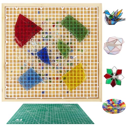 Verdanzia Stained Glass Cutting Mat 12X12 Waffle Grid Mat for Glass Cutting Stained Glass Cutting Board with Tray & Craft Cutting Mat Stained Glass Supplies for Scoring and Cutting Glass (Wood)