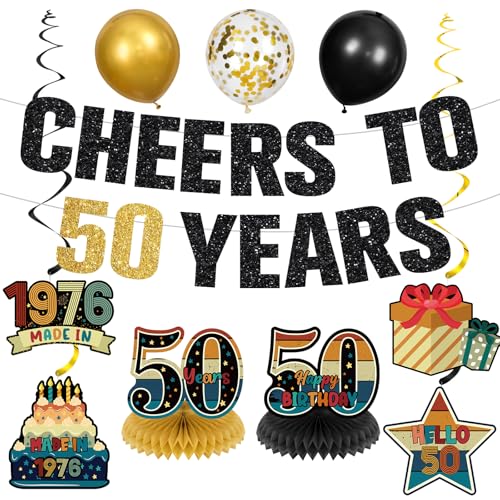 50th Birthday Decorations for Men Women - Vintage 1976 Party Supplies, Cheers to 50 Years Glitter Banner, Honeycomb Centerpieces, Hanging Swirls, Fifty Year Old Anniversary Decor Set