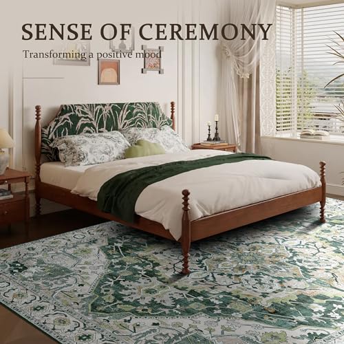 Deerly Green Large Washable Living Room Rugs 9x12 Boho Vintage Area Rug Indoor Bedroom Carpet with Non Slip Rubber Backing for Under Dining Table Office Farmhouse, Green/Multi