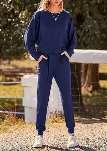 Image of PRETTYGARDEN Women's Fashion Outfits 2 Piece Sweatsuit Solid Color Long Sleeve Pullover Long Pants