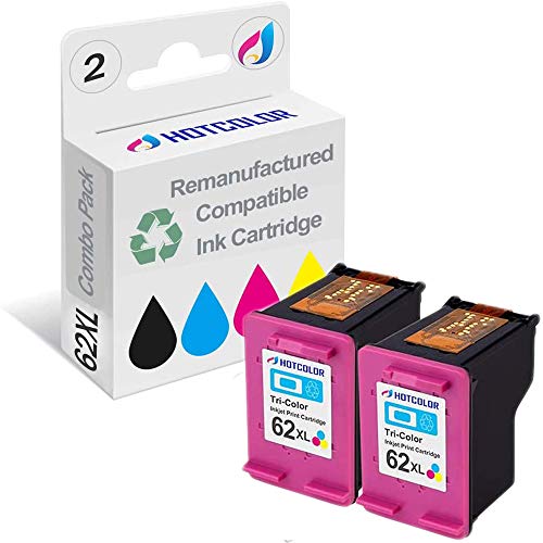 HOTCOLOR 62XL Color Remanufactured Ink Cartridge Replacement for HP 62XL Tri-Color (C2P07AN) 2-Pack for HP OfficeJet 5740 5741 5742 5743 5744 5745 5746 8040 Printer