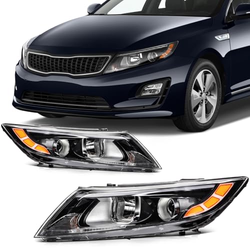 SCITOO Headlight Assembly Fit 2014-2015 for Kia Optima Pair Headlamps Black Housing Amber Reflector 921014C500