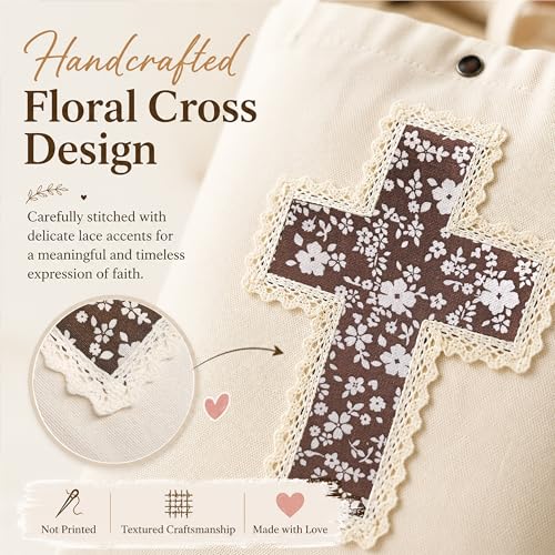 Image of Christian Tote Bag Gift for Women, Canvas Bible Bag Handmade Floral Cross | Christian faith-inspired gift, handcrafted cross with lace, inner pocket, snap closure, bottom gusset, church Bible study use