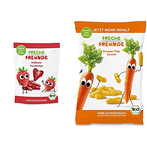 FRECHE FREUNDE Bio Fruchtchips 100% Erdbeere, gefriergetrocknet Obst Chips Erdbeere (12 x 12 g) & Neu Freche Freunde Bio Knusper-Flips Mais & Karotte, Bio Knabberzeug, ab 1 Jahr, (9x30g) 270g