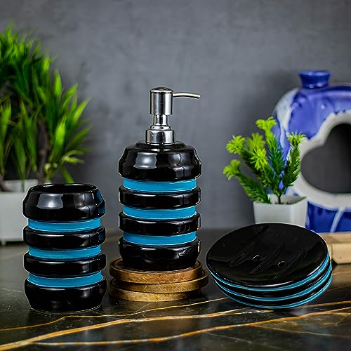 Image of Ceramic Bathroom Accessories Set for Utility and Bathroom Decor | Liquid Soap Dispenser, soap Tray, Toothbrus Holder Glossy Sky Blue and Black (GOA 8)