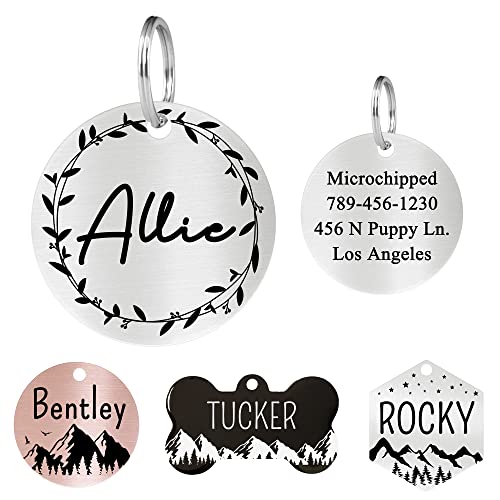 Ultra Joys Stainless Steel Pet ID Tag Dog Name Tags Personalized Front and Back Engraving, Customized Dog Tags and Cat Tags, Optional Engraved on Both Sides, Round Tag Vine Design 2, Silver Large