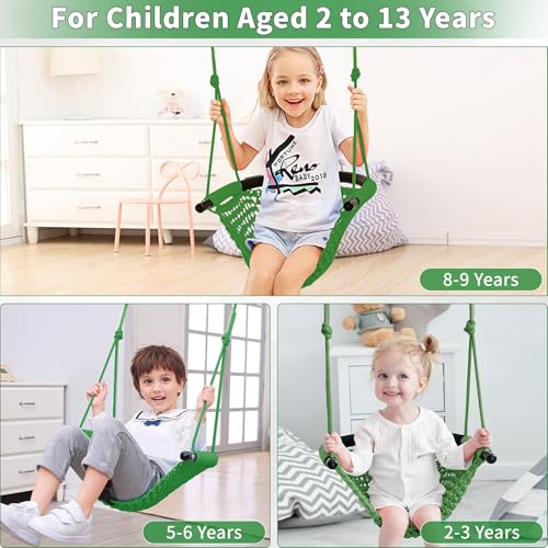 Image of Hi-Na Tree Swing for Kids, Adjustable Toddler Rope Swing Seat with Snap Hooks and Straps, 440 lbs Capacity, Swingset Accessories for Indoor Porch Doorway Outdoor Playground Backyard (Green)
