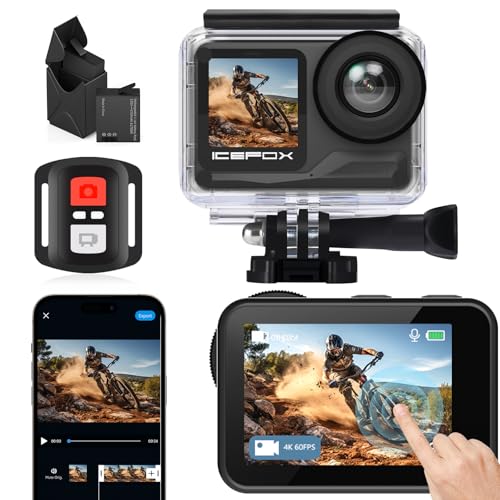 icefox Action Camera 4K 60FPS 20MP, Underwater with EIS,5XZoom,App Support Video&Photo Editing,Waterproof Camera WiFi Remote Control for Cycling, Swimming, and Diving
